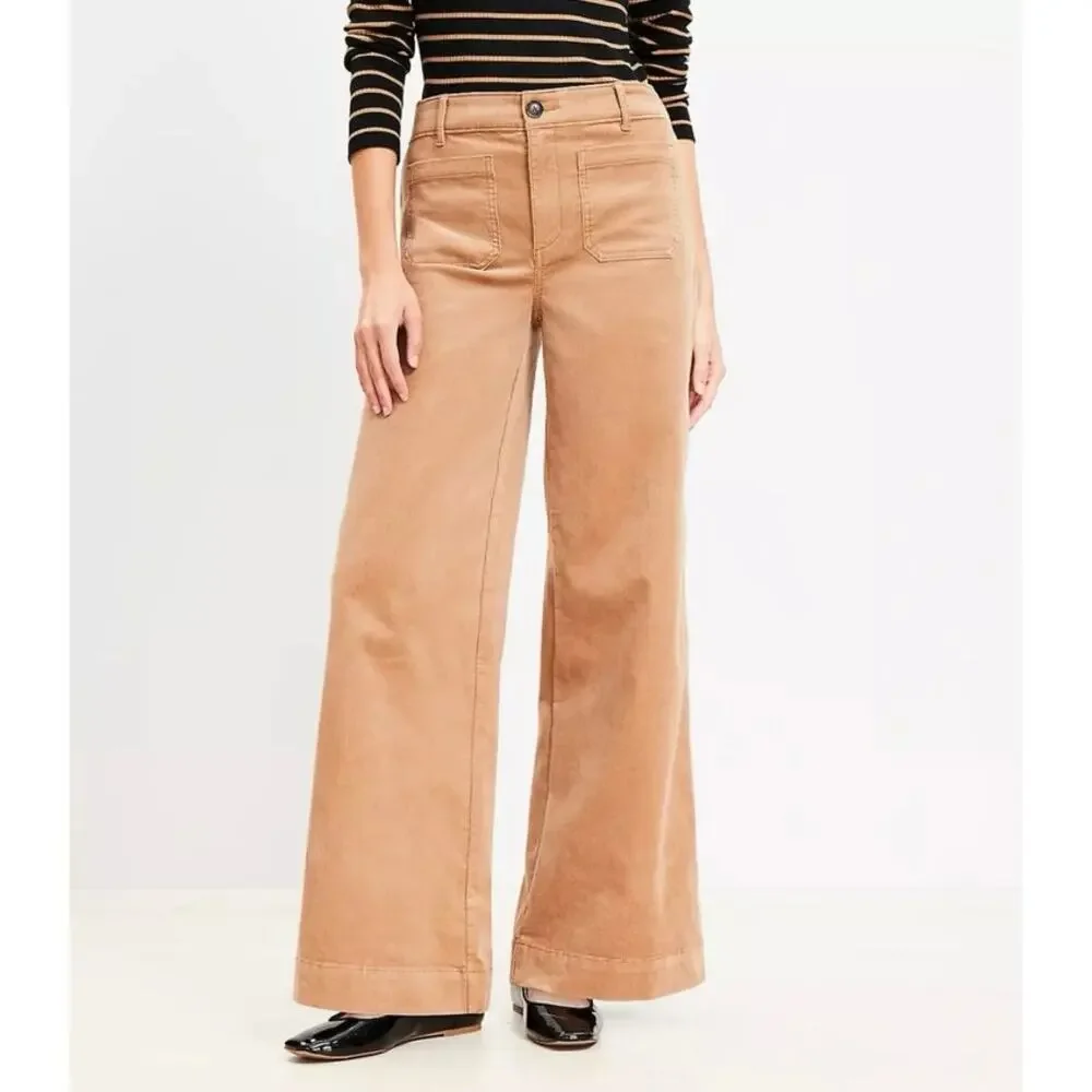 LOFT Palmer Wide Leg Patch Pocket Brushed Corduroy Pants Brown Cotton Blend 8